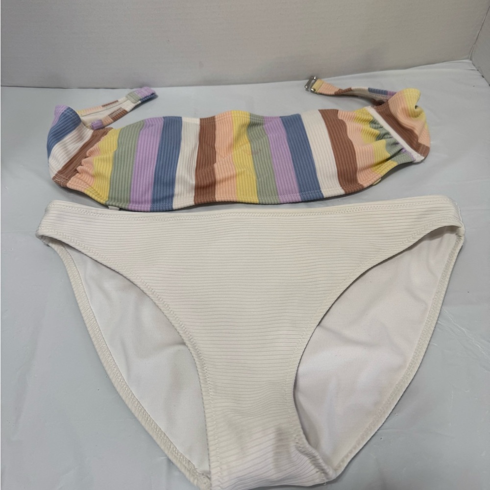 Striped Pastel Bandeau Bikini Top with White Ribbed Bottom